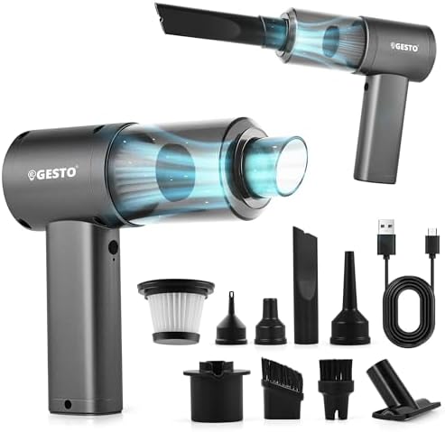 Gesto 3-in-1 Portable Car Vacuum Cleaner, Air Duster & Inflator | 70W High Power, 12000Pa Brushless Motor, 4000mAh Type-C Rechargeable Cordless Handheld Vacuum with Multi Nozzle for Car,Office,Home