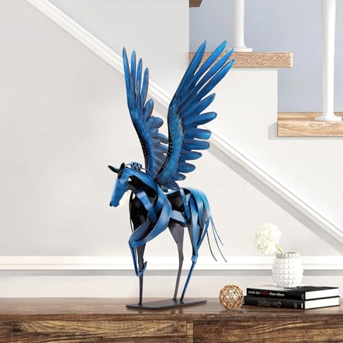 Horse Statue Décor Artwork, 24" H Handmade Metal Pegasus Greek Flying Horse Sculpture, Hand-Painted Animal Figurines for Home Living Room Office (Vintage Blue with Wings) - Image 4