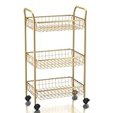 MNOPQ 3 Tier Rolling Utility Cart, Storage Trolley Service Cart with Wheels Easy Assembly for Kitchen, Living Room, Office, Salon, Gold