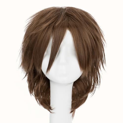 Image of S-noilite Unisex Short Brown Cosplay Wig Women Men's Anime Costume Full Wigs Short Fluffy Layered Pixie Wig Synthetic Hair for Halloween Costume Comic-con Party (Light Brown)