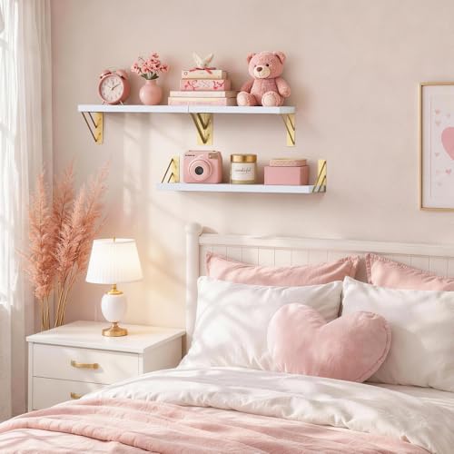 Image of BAYKA Wall Shelves for Bedroom Decor, Floating Wall Shelves for Living Room Kitchen Storage, Wall Mounted Rustic Wood Shelves for Kids Books,Corner Shelves for Bathroom(White and Gold,Set of 3)