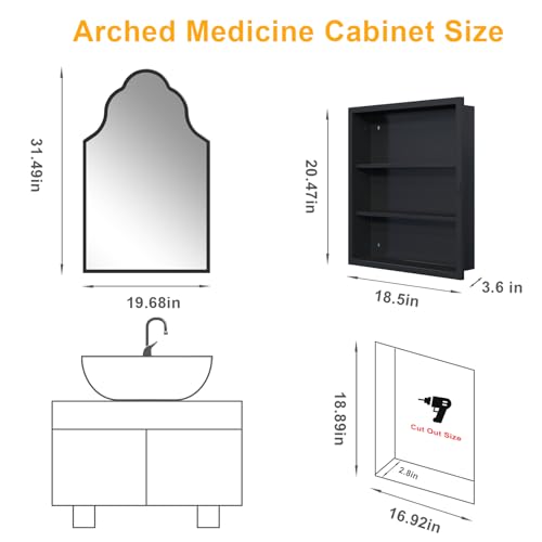 Image of 20 inchx32 inch Irregular Medicine Cabinet with Mirror, Recessed or Surface Mount Black Arched Medicine Cabinet for Bathroom, Artistic Decorative Mirror with Storage, Full Metal, Easy Installation