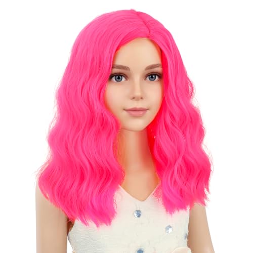 Image of PATTNIUM Neon Pink Wig Short Curly Wavy Wigs for Kids Girls Pink Side Part Shoulder Length Heat Resistant Synthetic Wig Halloween Cosplay Costume Party Daily Wigs