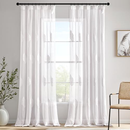 MIULEE Gardine Stickerei Blattmuster Kräuselband 2er Set B140 H175 Weiß | Transparente Gardine mit Stickerei Blattmuster und Kräuselband, modernes Dekor für Wohnzimmer und Schlafzi