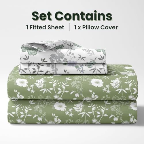 Image of LORETO - A QUALITY LINEN BRAND 144 TC 100% Pure Cotton Single Fitted Bedsheet with 1 Pillow Cover for 72 x 36 Inch Mattress, All-Around Elastic, 8 Inch Deep Pocket, Olive Green Floral Elegance