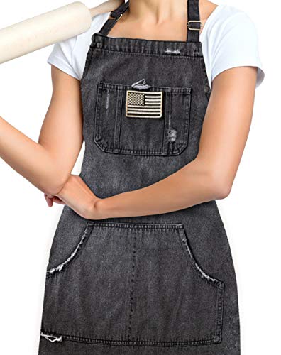 Altièr Aprons for Men and Women with Pockets - Embroidered American Flag Apron for Grilling Baking Kitchen Master Chef - Cute Distressed Denim Cotton gold