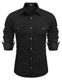 COOFANDY Men's Cowboy Shirt Western Long Sleeve Button Up Vintage Rodeo Shirts with Pockets Solid Black