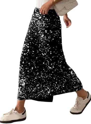 BLENCOT Women's Sequin Skirt High Waisted A Line Long Skirt Black Small | Mid-Calf Skirt,Elastic Waist,A Line,Back Slit,Sparkly Midi Bodycon Skirts for Wedding Cocktail Party,Night Out,Fall Winter