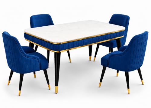Image of WOODEN SPACE 4 Seater Wooden Dining Table Set | Urban Marble Top Dining Table with Chairs for Dining Room & Kitchen (Modern Zyro Navy Blue) (54 x 36 x 30 inch)