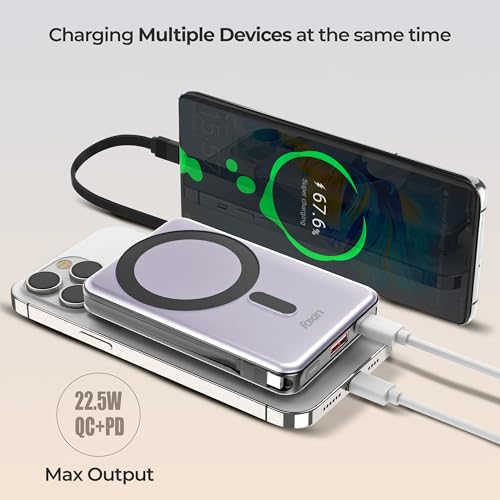 Image of Foxin Mag One Wireless 10000mAh Fast Charging Power Bank with Metal Stand | USB Type C Input & Output, 22.5W Portable Charger for iPhone 12 & Above, Android & Qi Enabled Devices | Meteor Grey