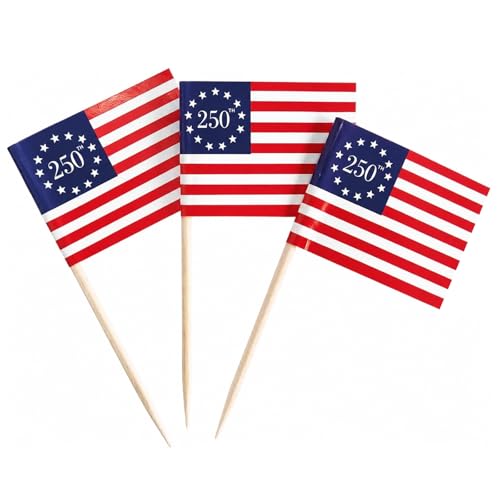 100 Pcs 250th Anniversary American Flags Toothpick 250th Flags Small Mini Cocktail Fruit Cupcakes Toppers for 4th of July Party Decorations