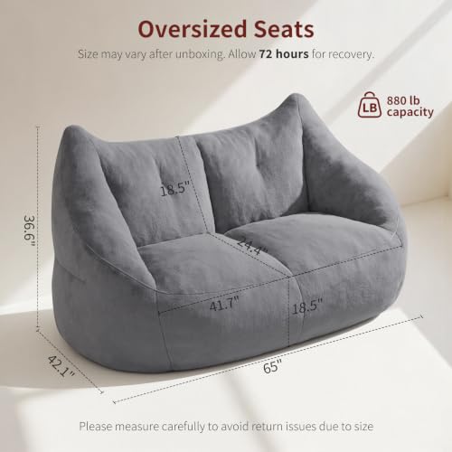Image of Relefree Oversized Bean Bag Chairs for Adults,Bean Bag Loveseat Sofa,Boneless loveseat for Reading,2 Seater Lazy Sofa for Small Spaces,Mini Small Couches for Living Room,Bedroom,Apartment,Lava Gray