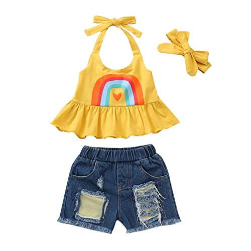 Infantil menina verão cor sólida estampa arco-íris suspensório de pescoço rasgado shorts jeans verão
