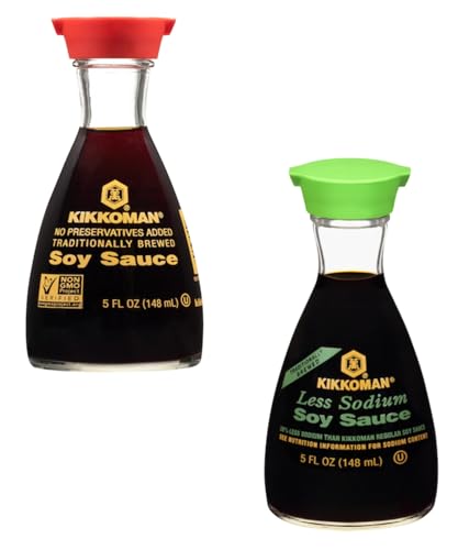 Kikkoman Soy Sauce Variety Pack, One Regular and One Low Sodium, Dispenser Bottles, Use on Variety of Foods and No Preservatives (Pack of 2)