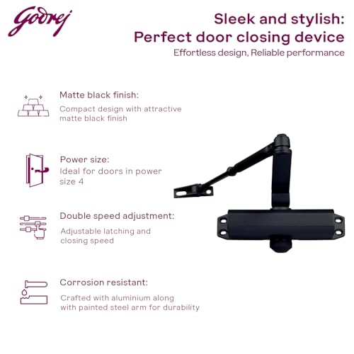 Image of Godrej Door Closer | Cerus Universal Door Closer I Matte Black Finish | Max Door Weight: 85kg | Max Door Width: 1250mm | 180 Opening Angle | Adjustable Closing Speed| 3 Years Warranty