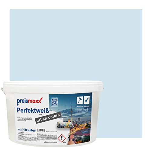 Preismaxx Perfektweiß Wandfarbe blau matt 10L - Innenwandfarbe für kreative Wandgestaltung, Innenfarbe babyblau, hohe Deckkraft Klasse 2, Trendfarbe für Wohnzimmer, bunte Akzentfarbe