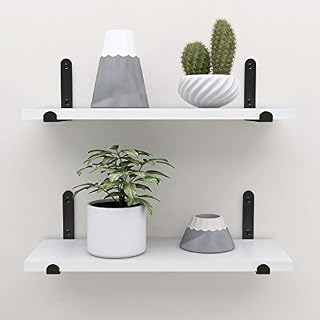 Afuly Floating Shelves White and Black Wall Shelf with Solid Wood, Metal Bracket for Bedroom Living Room Office Bathroom Kitchen, Storage or Display Shelves, Set of 2