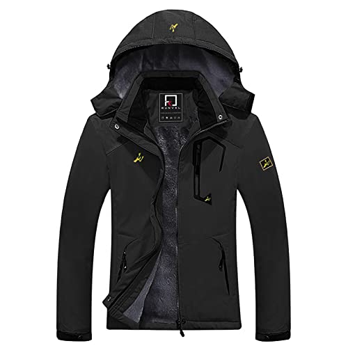 R RUNVEL Womens Waterproof Jacket Ladies Winter Warm Fleece Ski Jacket with Hood Windproof Camping Hiking Coat Outdoor Mountain Walking Skiing Jackets and Coat Black UK 10