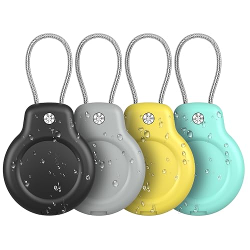 PFUTURE 4 Pack Waterproof Case Holder for AirTag with Keychain Hidden Lock Design Anti-Lost AirTag Holder for Apple AirTags Keys Kids Luggage GPS Tracker Black Gray Yellow Mint Green
