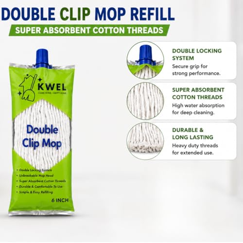 Image of KWEL Double Clip Cotton Mop Heavd 6 Inch, 300 GM | Super Absorbent Wet Mop Head Refill for Home, Office & Kitchen Cleaning | Durable Cotton Threads | Pack of 1(White)