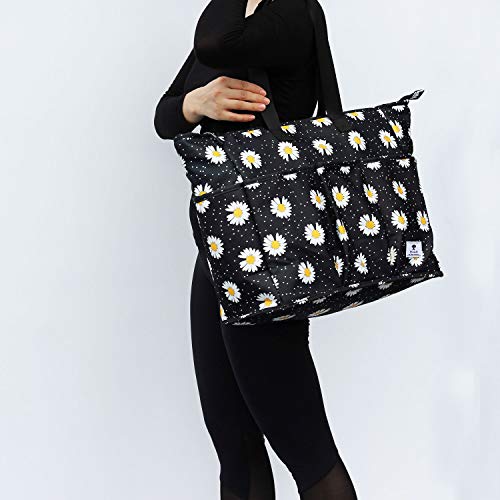 Women Ladies Weekender Bag Muti-pockets Overnight Carry-on Duffel Travel Gym Tote Luggage Duffle with Trolley Sleeve (White Daisy)