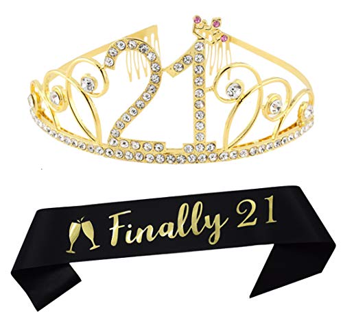Dgasin 21st Birthday Tiara and Sash Happy 21st Birthday Party Supplies â€œFinally 21â€ Black Glitter Satin Sash and Crystal Tiara Princess Birthday Crown for Women 21st Birthday Party Decorations