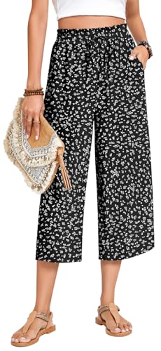 Image of Anyhold Women's Capri Pants Drawstring Casual Palazzo Trousers with Pockets Loose High Waisted Wide Leg Lounge Pants