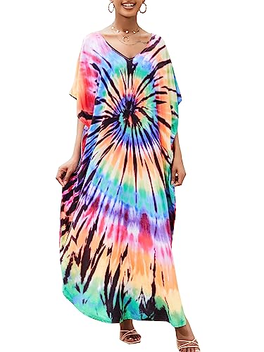 Chunoy Women Loose Lightweight Turkish Summer Boho Caftan Sleeve Rainbow Circle Long Beach Cover Up Kaftan Maxi Dress cover