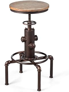 COSTWAY Set of 1/2 Vintage Industrial Bar Stool, Height Adjustable Swivel Kitchen Dining Stool with Footrest and Anti-slip Foot Pads, Round Pinewood Seat Breakfast Counter Stools for Home Pub (1)