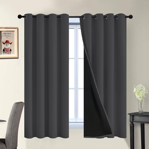 Image of Yakamok Charcoal Grey 100% Blackout Curtains 63 Inches Long 52 inch Wide 2 PCS | Blackout Curtain Panels for Bedroom, 2 Thick Layers Grommet Top Thermal Insulated Drapes with Black Liner for Living Room