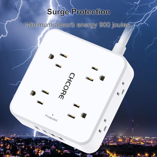 Image of 10Ft Surge Protector Power Strip - CHCORE Flat Plug Extension Cord with 8 Outlets and 4 USB Ports(2 USB C), 3 Side Wall Mount Outlet Extender for Home Dorm Room Essentials, ETL Listed, White