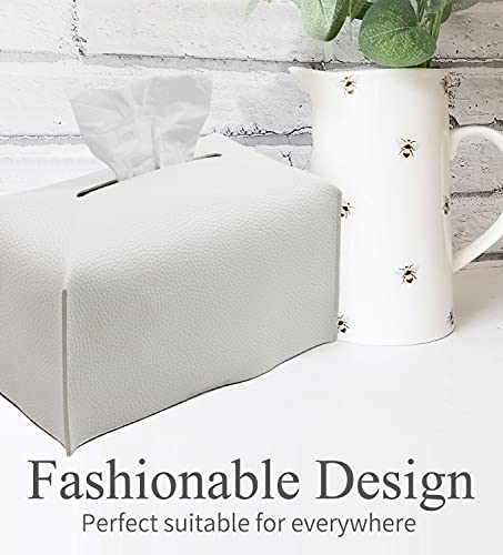 Livelab Tissue Box Cover, Modern Decorative Pu Leather Rectangular Tissue Box Case Organizer Holder For Vanity Countertop, Night Stands, Livingroom, Office Desk & Car 9.5X5X5'' | Off White #TOP1