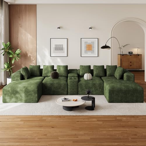 Modular Sectional Sofa with USB Cup Holders Storage, 143" U Shaped Cloud Sofa Plush Corduroy Deep Seat Boneless Couches with Double Chaise Lounge Sectional Sofas Memory Foam for Living Room, Green