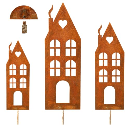 Gucass 3er Set Häuser Rost Deko Weihnachten Outdoor, Gartenstecker Roststecker Weihnachtsdeko Draußen, Winter Deko Garten für Advent, Weihnachts Balkon Gartendeko