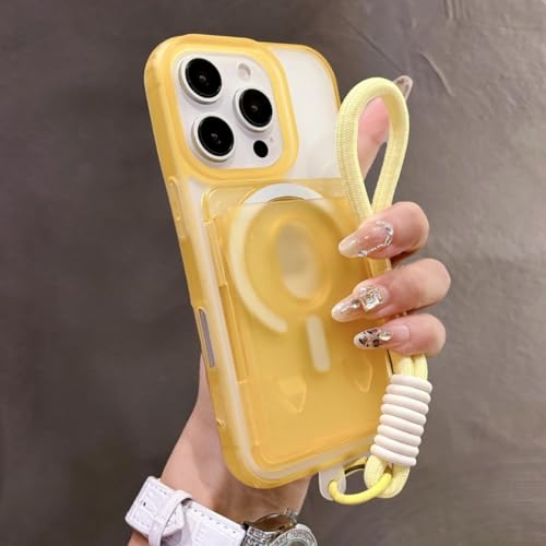 Étui portefeuille iPhone 15 Pro Max avec porte-cartes et dragonne jaune pastel