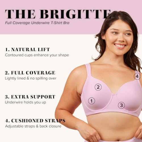 Image of Leading Lady, Brigitte Full Coverage, Underwire, Lightly Padded T-Shirt Bra, Side & Back Smoothing, Adjustable Straps,36A-54G