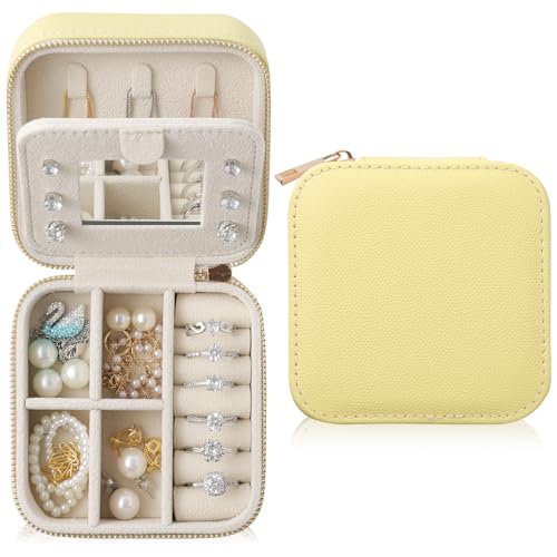 NGVRC Genuine Leather Travel Jewelry Case Organizer with Mirror for Women, Small Jewelry Box Portable Mini Jewelry Case for Earring, Ring, Necklace, Bracelet Yellow