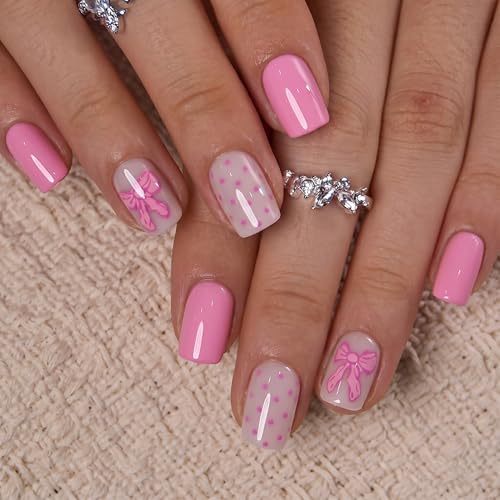 Image of CurvLife Soft Gel Press On Nails Square, Long-Lasting 32Pcs 16Size Reusable Stick On Fake Nails Kit with Glue Tabs, Glossy Salon-Style Manicure for Women Teens Beginners, At-Home (Sugar Bow)