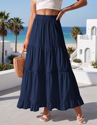 Zelroxa Long Cotton Skirts for Women Summer Boho Maxi Flowy Lace Crochet A Line Tiered Pleated High Waisted Beach Vacation Midi Linen Skirts 2026 Trendy Clothes Outfits Navy Blue — view 3