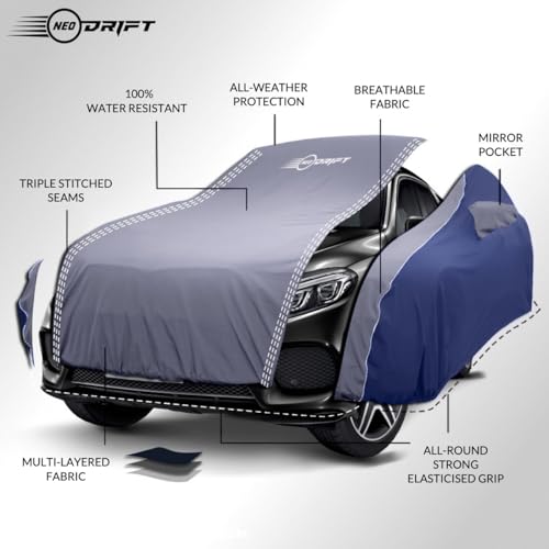 Image of NEODRIFT 'SuperTech' Car Cover for Maruti Suzuki Victoris (100% Water-Resistant, All Weather Protection, Tailored Fit, Multi-Layered & Breathable Fabric) (Colour: L.Grey+Blue)