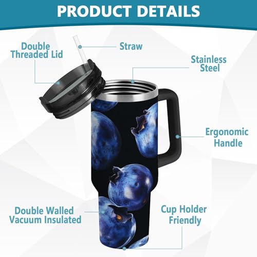 fifbird Photographic Blueberry Bouteille d'eau réutilisable sous vide pour enfants avec couvercle et paille – Tasse décorative avec couvercle pour école, sport, garderie, camping et plus encore – 1200 – vue 4