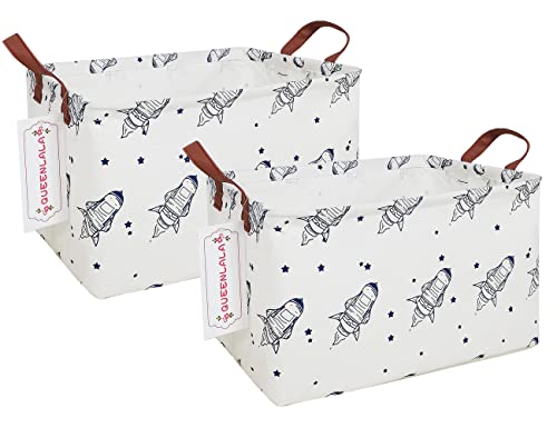 Image of QUEENLALA 2 Pack Rectangular Large Storage Basket,Laundry Hamper,Office,HomeDecor,Canvas Fabric Laundry Basket（2Pack-Rec Spaceship）