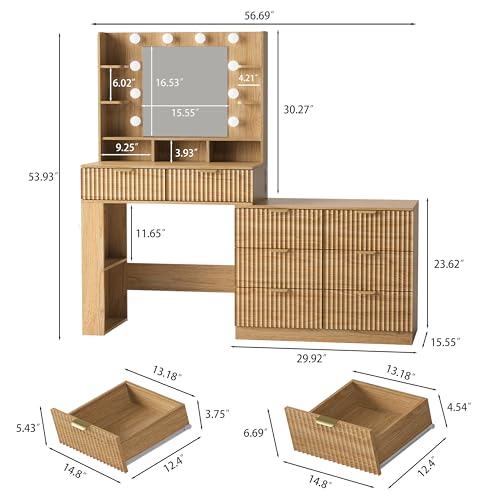 Image of Makeup Vanity Desk with Mirror and Lights, 57 inch Fluted Vanity Dresser Combo & Storage Shelves, Vanity Mirror with Mirror and Lights with 8 Drawers, 3 Color Modes, Dressing Table Set for Girls,Oak