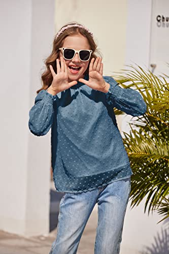 Image of Arshiner Girls Long Sleeve Shirts Chiffon Blouses Swiss Dot Frill Neck Top
