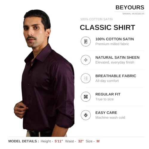 Image of BEYOURS Men's Full Sleeve Shirt Regular Fit Spread Collar 100% Cotton Satin Office & Formal.