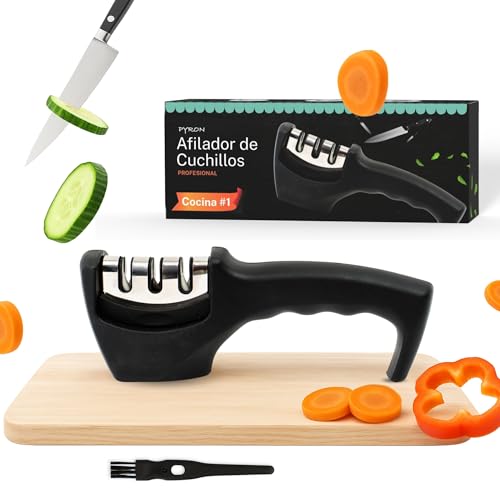 PYRON | Afilador de Cuchillos Manual Profesional – Afilado en 3 Pasos, Diseño Seguro con Base Antideslizante, Cabezal Extraíble y Cepillo de Limpieza – Para Cuchillos de Cocina y Jamoneros