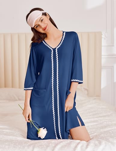 Image of Ekouaer Zipper Robes for Women 3 /4 Sleeves Lightweight House Coat Zip Up Bathrobe Soft Nightgown with Pockets S-3XL