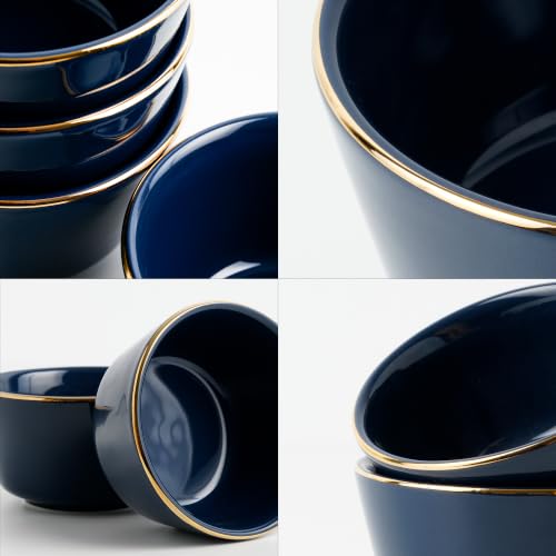 Image of Shay Ceramic Dinner Bowl Set of 4 for Rice, Dal, Salad, Snacks, Fruits & Noodles | Blue with Gold Rim | Microwave Safe Ceramic Serving Bowls for Home, Kitchen & Gifting (Bowl Set of 4 - Blue Gold)