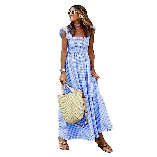 Vestido longo feminino casual sem mangas xadrez vestido vintage gola quadrada Gingham Beachwear vest