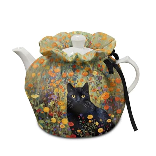 Image of Xoenoiee Black Cat Floral Print Tea Pot Cosy Cotton Tea Cozy for Teapots Dust Cover Insulated Kettle Cover Teapot Warmer for Home Kitchen Decorative Accessories